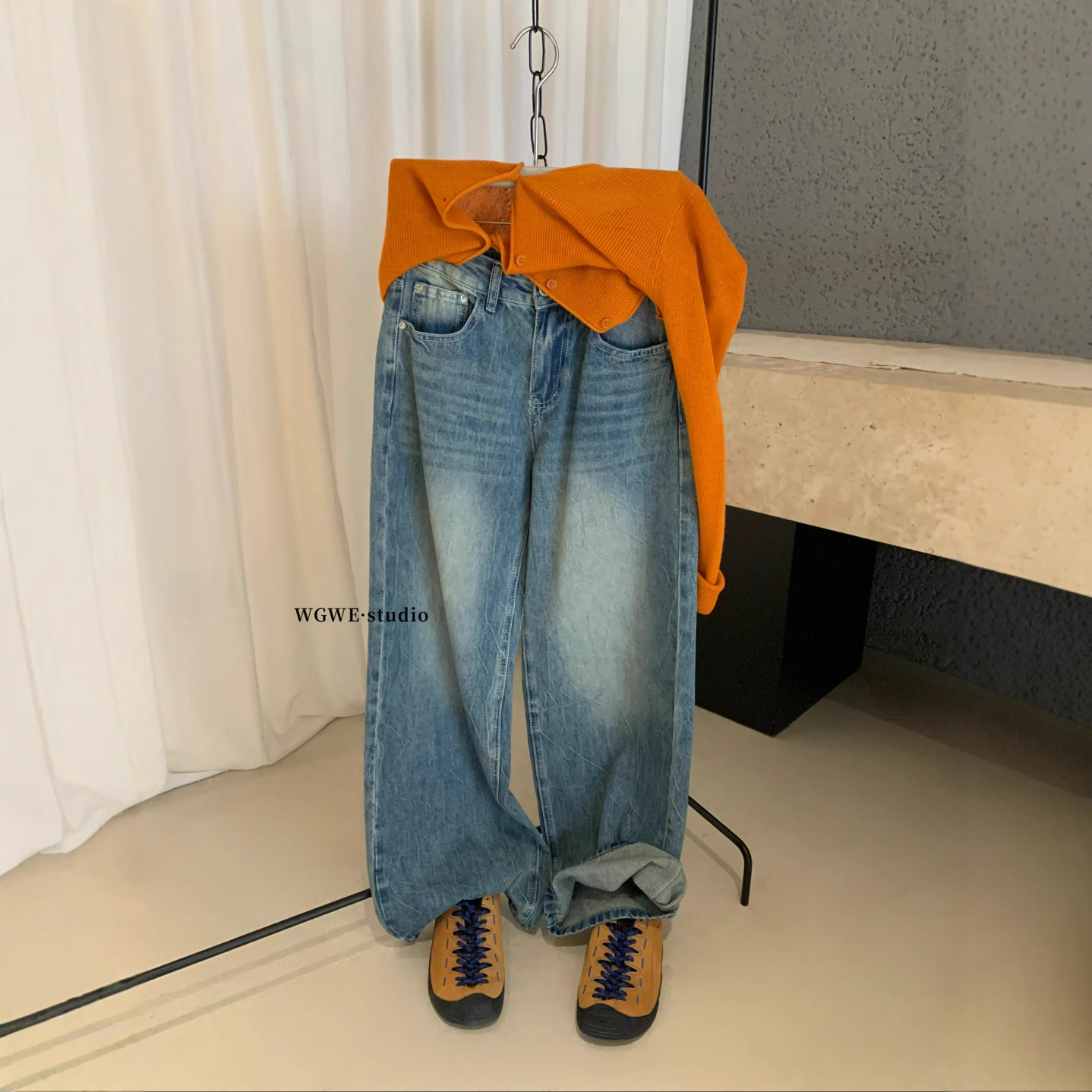 Wgwe8226 Autumn and Winter Retro Washed Distressed High-Waisted Straight Blue Jeans Women's Loose Slimming Look Wide-Leg Pants