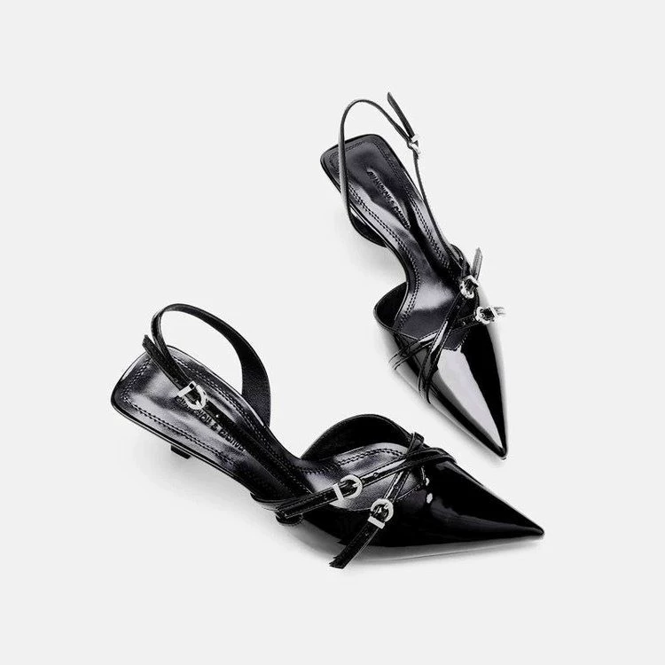 Women’s slingback pointed‑toe heeled sandals, slim thin heel, one‑strap buckle, spring/summer 2025