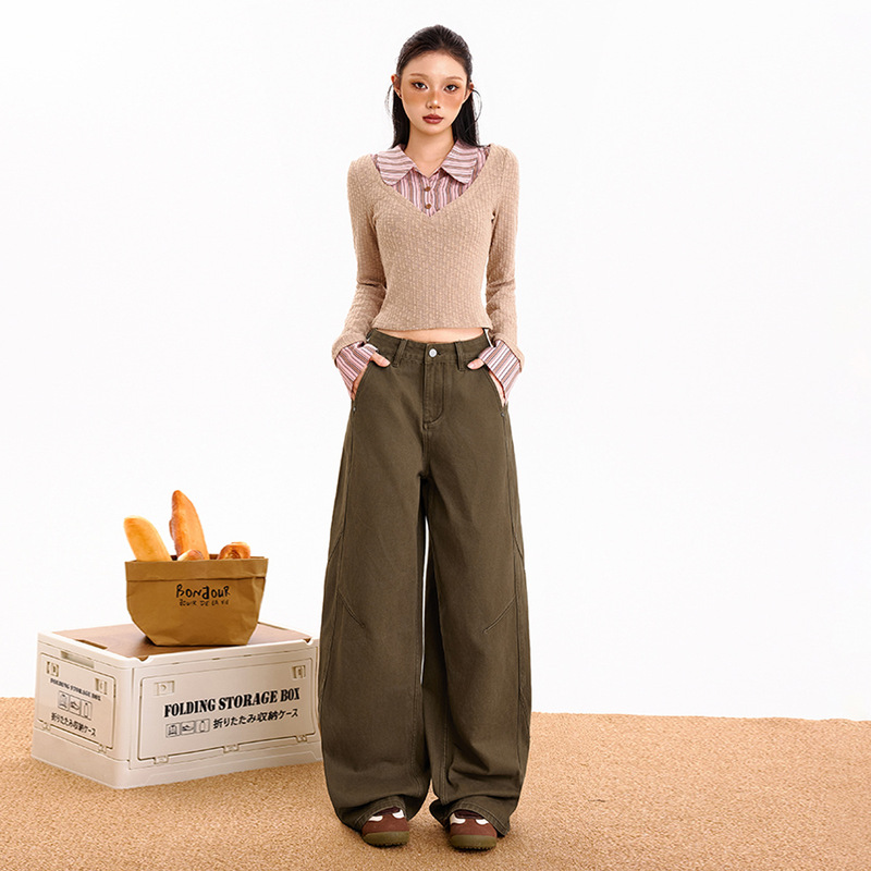 Orange Silk Women's Clothing # Dark Brown American Retro Washed Distressed Jeans New Loose Slimming Straight Wide Leg Pants