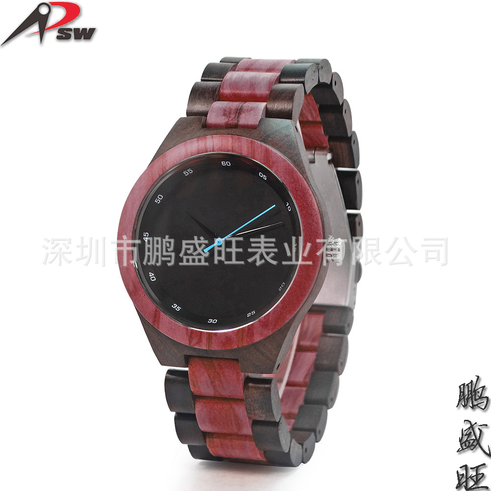厂家直销时尚休闲复古红檀木手表 黑间红檀木表壳三针双按扣