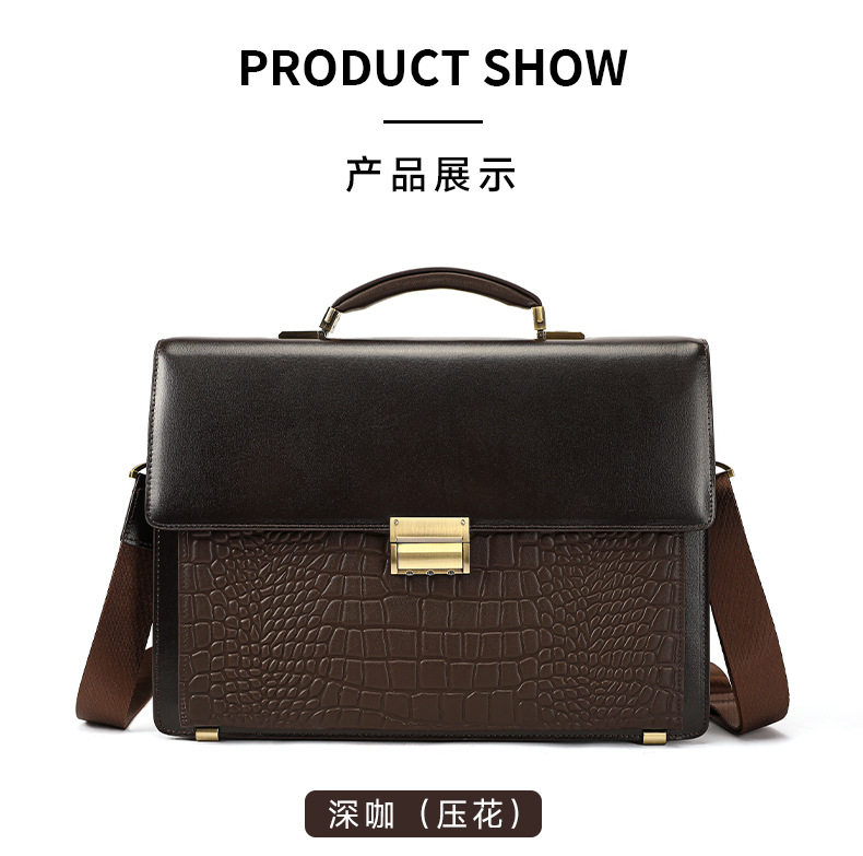 Cặp công sở nam da bò thật khóa mật mã chống trộm, túi đeo chéo xách tay đựng laptop 14 inch — Họa tiết dập nổi màu nâu cà phê, Màu cà phê, màu đen, Đen dập nổi chi tiết 39