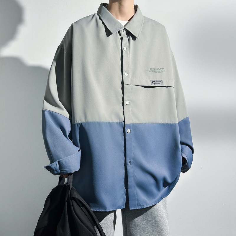 包邮男装批发韩版宽松翻领男士衬衣潮牌拼色长袖外套秋季青年2023