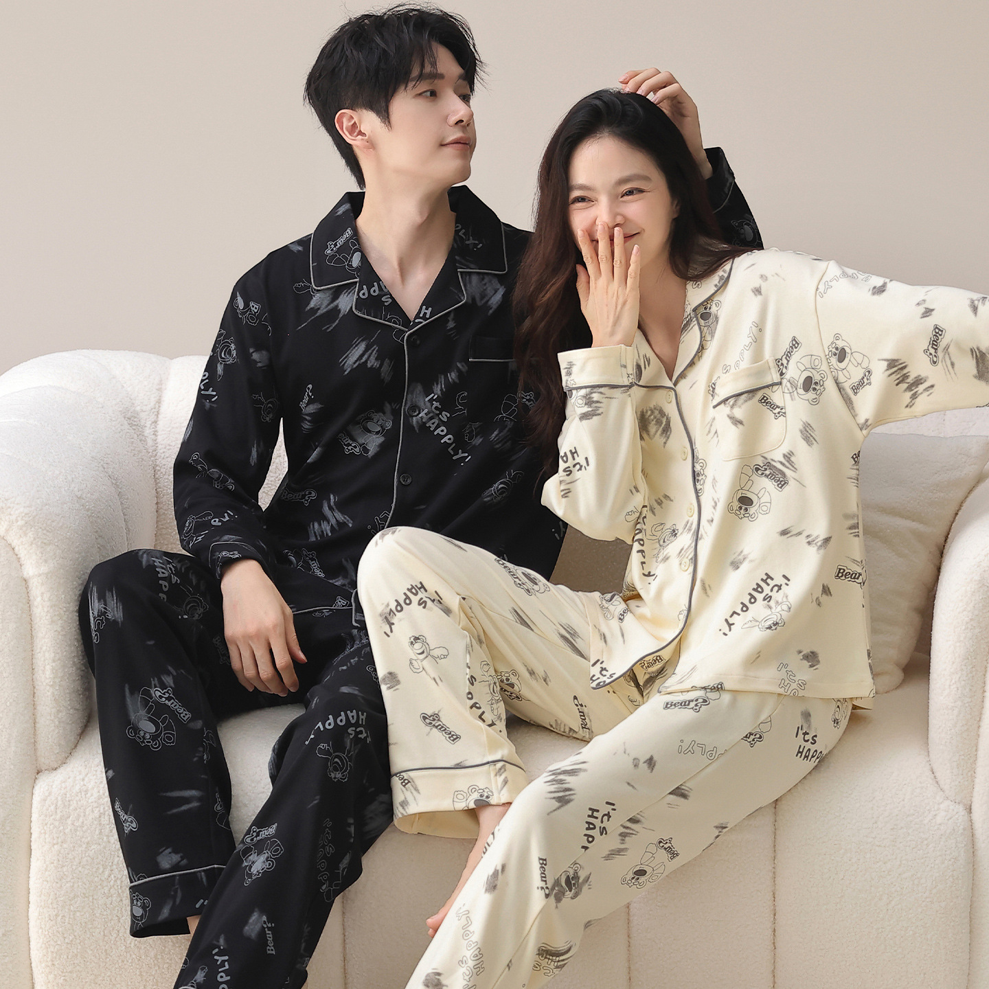 Pure Cotton Pull-Up Couple Pajamas Women's Long-Sleeved Spring & Fall Casual New Cartoon Home Clothes Antibacterial Suit Can Be Worn Outside