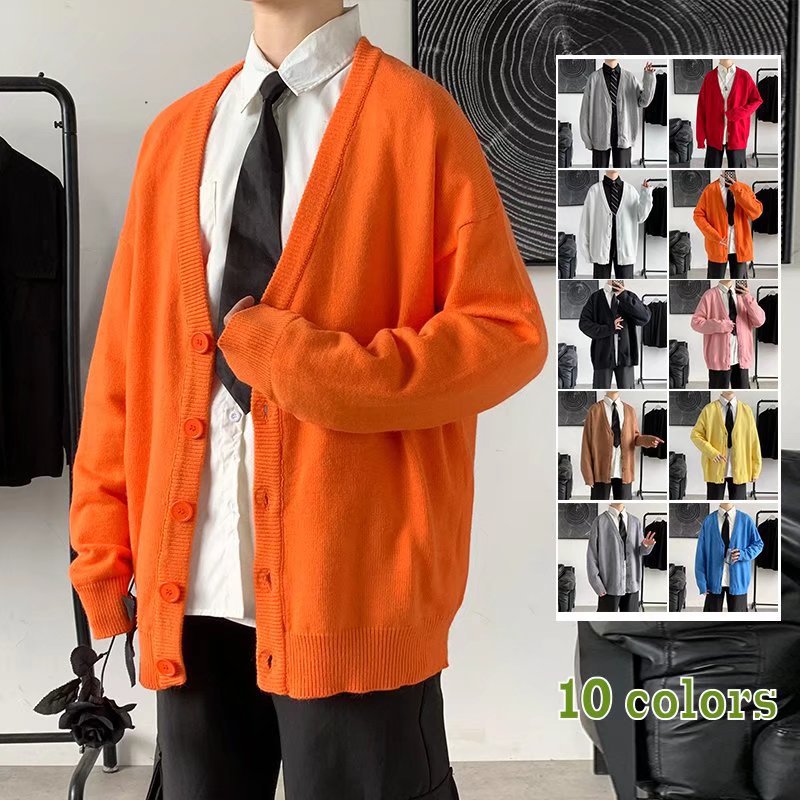 Cardigan Sweater Jacket Men's Autumn and Winter New Trendy Brand Casual V Neck Sweater Loose Lazy Style Solid Color Sweater