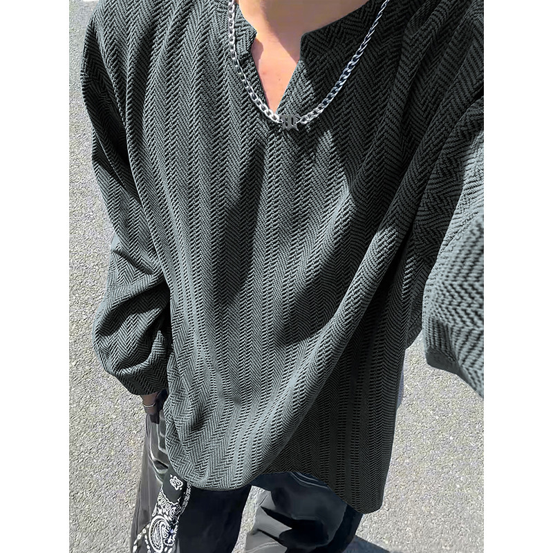 Textured 280g Heavy Chenille Herringbone V-Neck Long-Sleeved T-Shirt Top Men's T24546-Special P25 Control 48