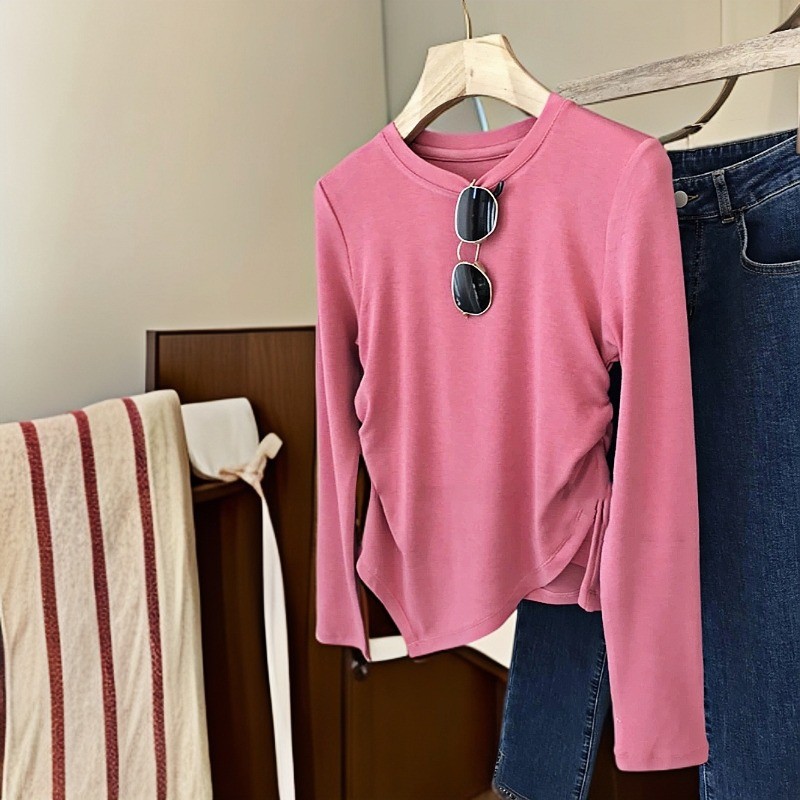 Irregularly styled, niche design, casual round neck T-shirt, solid color, plus size, pleated, slimming, versatile long sleeves