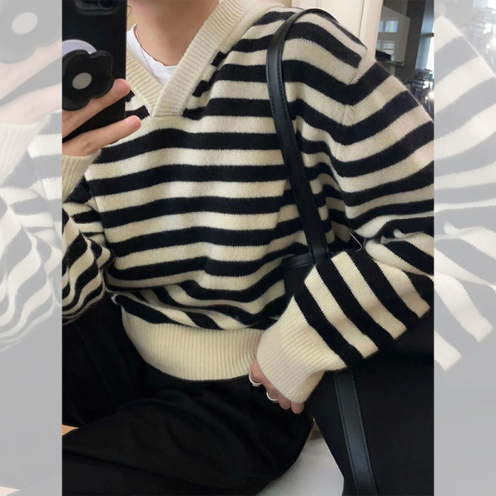 小个子黑白条纹慵懒风浣熊绒连帽毛衣女秋冬季内搭高级感针织上衣|undefined