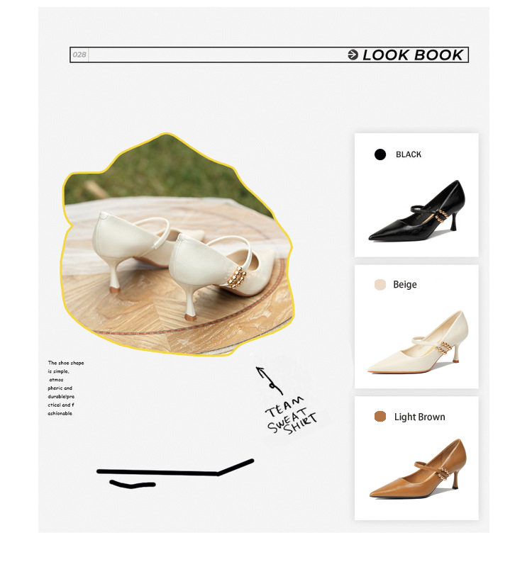 Giày cao gót nữ mũi nhọn gót nhọn da cừu mềm quai ngang, gót 6–8 cm — Màu nâu nhạt, Màu trắng be, Màu đen chi tiết 4