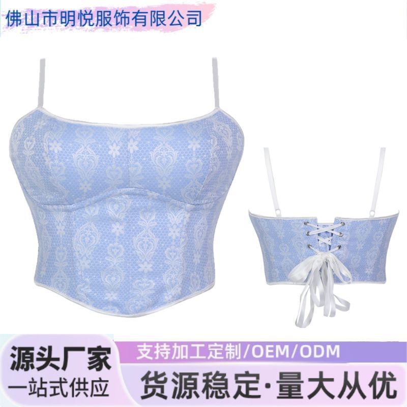 Light Blue Floral Sweetheart Camisole Corset, Tummy Control, Fashionable Women's Bust-Enhancing Tube Top Shapewear, Cross-Border E-Commerce Product