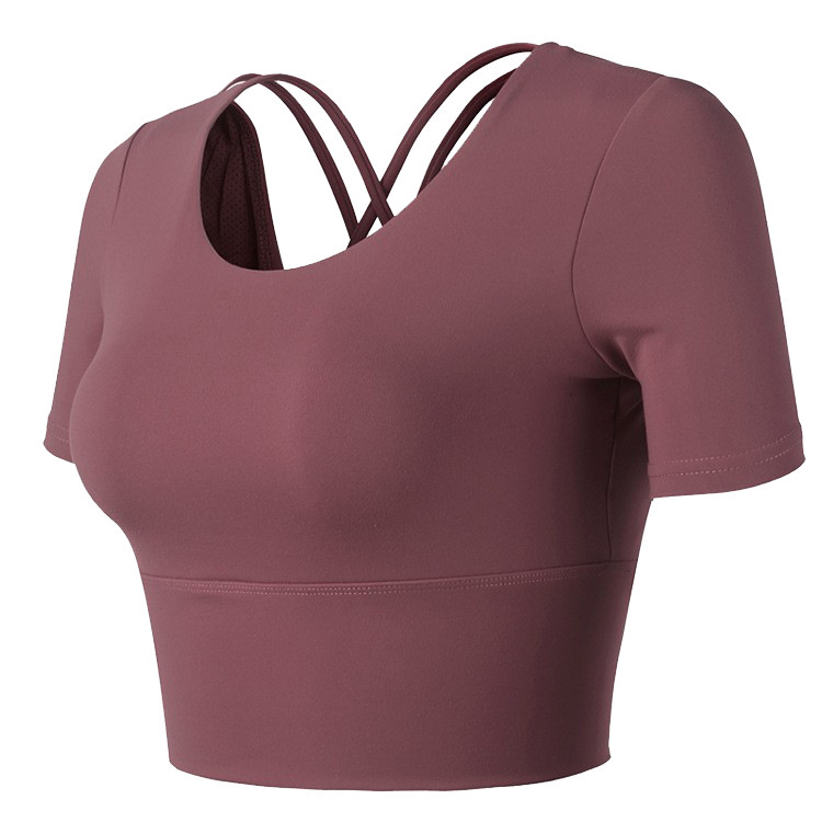 Women's Stretch Tight Shorts Navel Fitness Clothes Running Sports Quick-drying T-shirt with Chest Pad