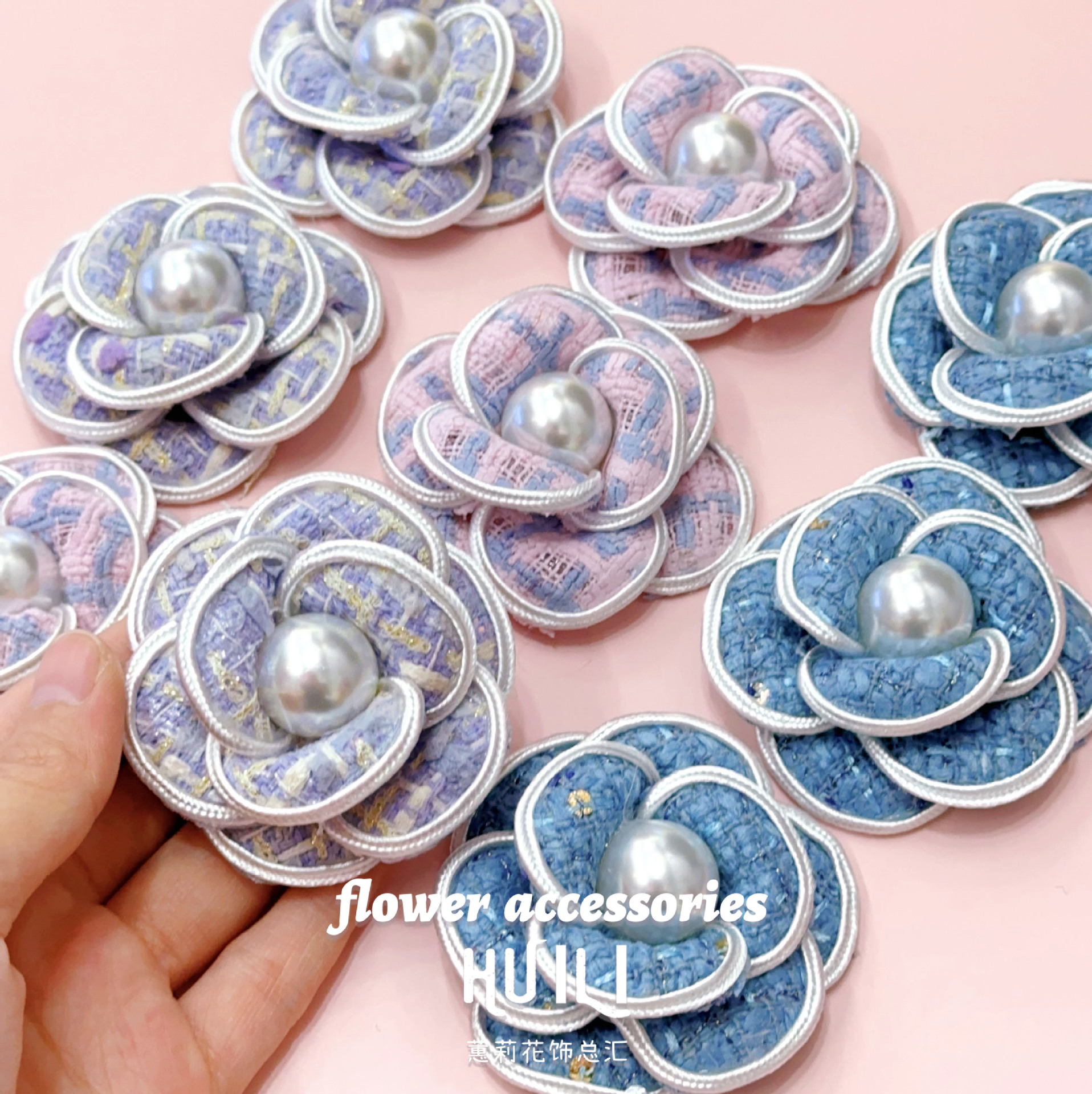 6cm Korean Dongdaemun Chanel-style pearl embossed camellia flower DIY hair accessories earrings children's hair clip shoe flower