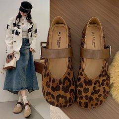 韩版圆头绒面一字带单鞋女2025新款秋季复古豹纹时髦玛丽珍小皮鞋