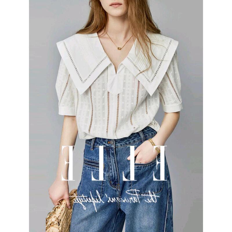 European Women's Fashion 2026 Summer New French Design Large Lapel Hollow-Out Blouse Stylish Simple Top Trendy