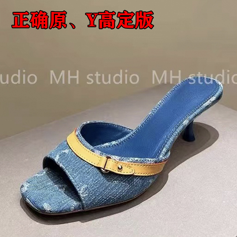 2025新款细跟牛仔布拖鞋时尚百搭拼色外穿凉鞋一字带露趾印花凉鞋|undefined