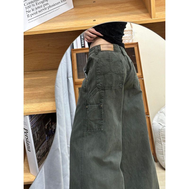 美式复古工装牛仔裤女夏季高腰显瘦百搭设计感直筒阔腿拖地裤子潮|undefined