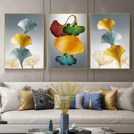 现代简约三副抽象银杏叶 喷绘画 创意沙发背景墙装饰画挂画油画