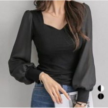 外单韩国日系日本外贸短袖长袖针织拼接雪纺上衣春秋冬打底衫性感