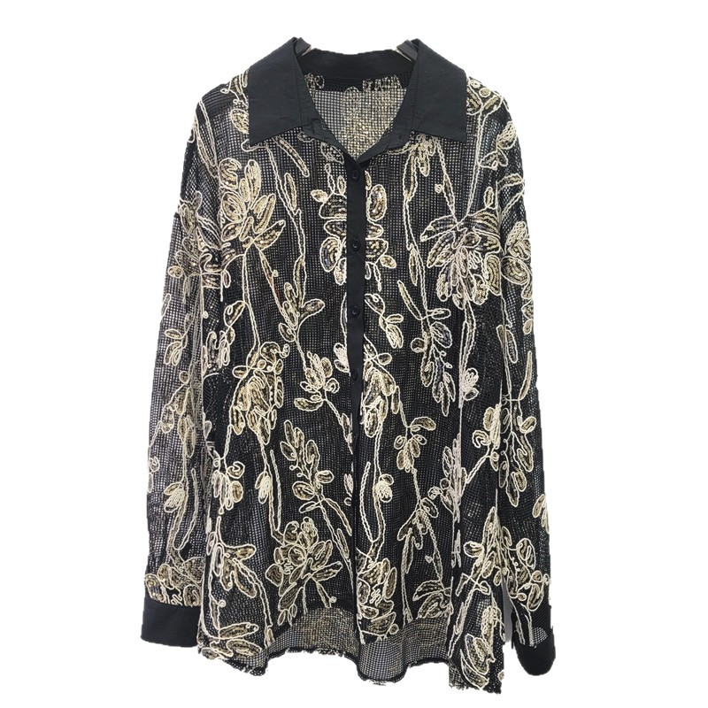 Estación europea 2026 primavera nueva moda con solapa bordada esquinilla hueco universal botón simple camisa de manga larga mujer