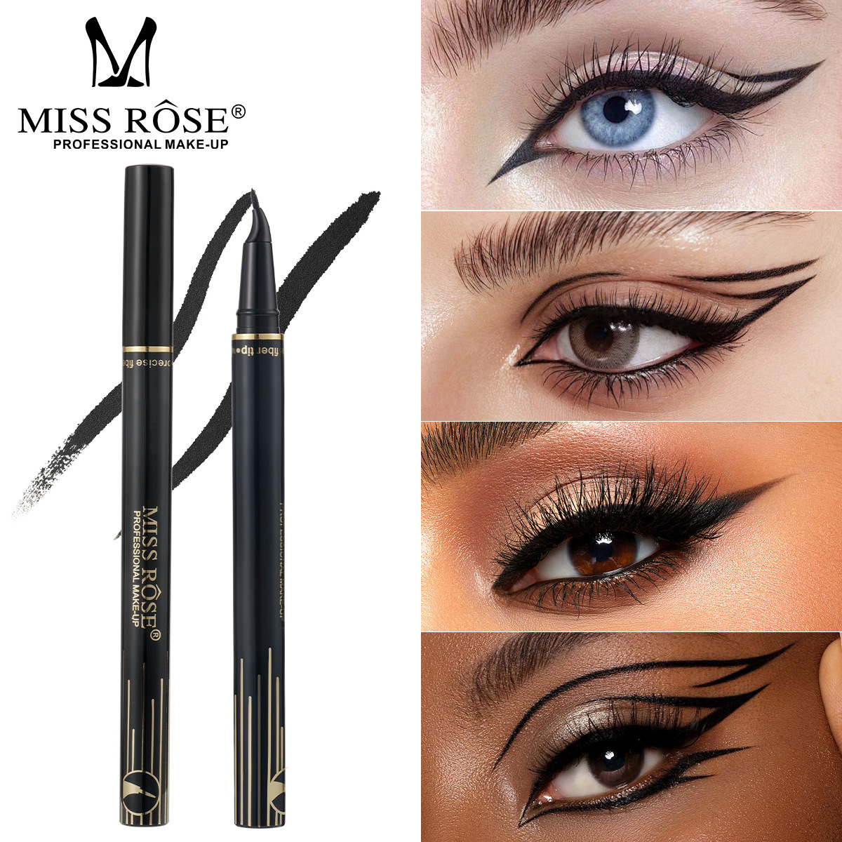 Miss Rose Cross-Border Black Cotton Core Curved Hook Eyeliner Waterproof, Delicate, Long-Lasting and Rich Eyeliner Eye Makeup Eyeliner