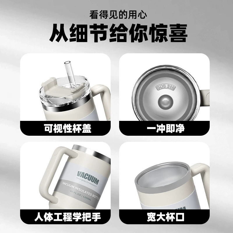 Термоса кофейная вакуумная tumbler, 1,2 л (40 oz), стекло и нержавеющая сталь, большая ручка кружки