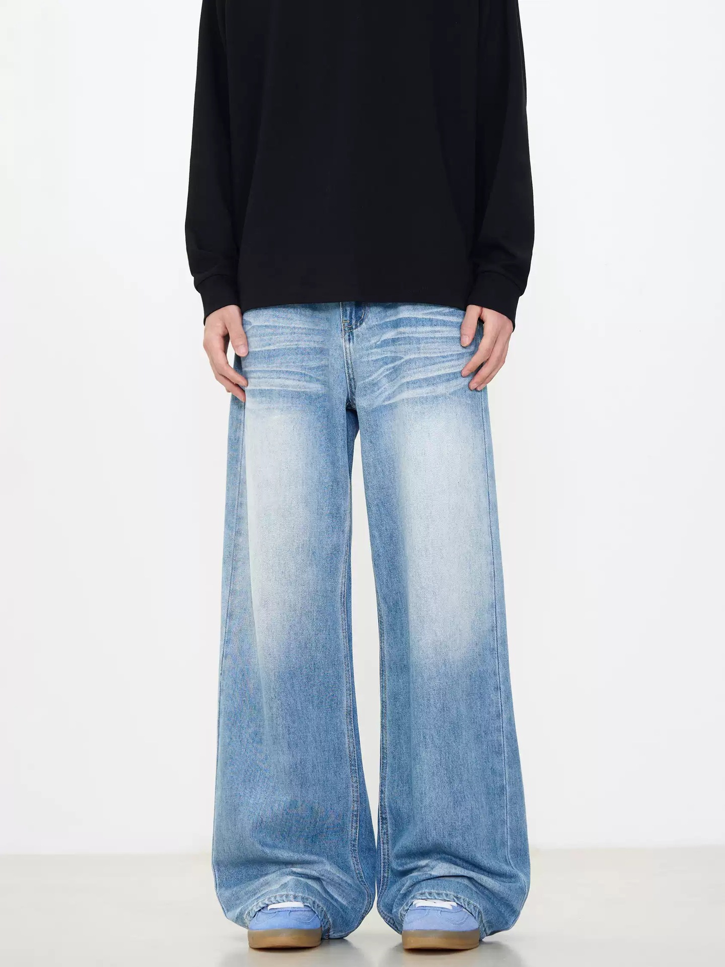 Men's Clothing Unisex American Style CleaAfit Distressed Denim Jeans Vintage Washed Floor Length Loose Straight Leg Wide Leg Trousers_mkmklike.com