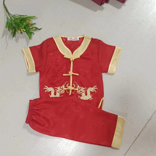 Embroidered Dragon Children's Tang Suit Boys' Satin Short-sleeved Trousers Ethnic Costume Performance Suit Foreign Trade New Year Dress