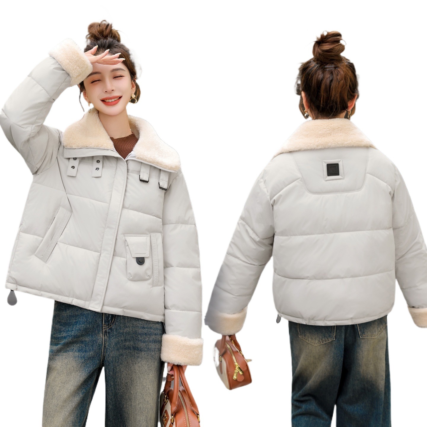 Spot 2025 invierno locomotora coreana estilo de viento casual suelto imitación de cordero calentamiento abrigo de algodón con solapa corta mujer image 6