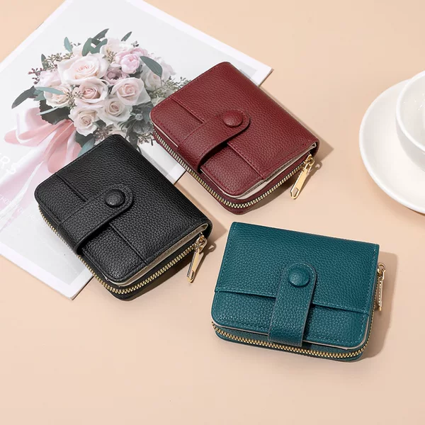 Cross-border New Zipper Coin Purse Short Wallet Women's Fashionable Solid Color Litchi Pattern Multi-card Wallet Wallet