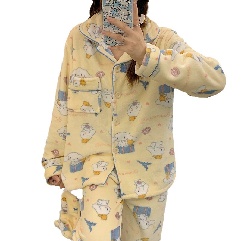 Dibujos Animados pijamas calientes de las mujeres franela solapa Otoño e Invierno cardigan manga larga enviar máscara ojo lindo hogar desgaste traje