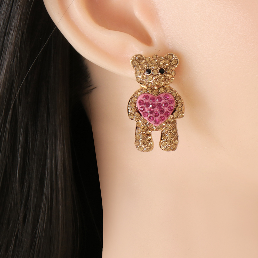 Korea Heart-shaped Bear Rhinestone Alloy Earrings Wholesale display picture 2