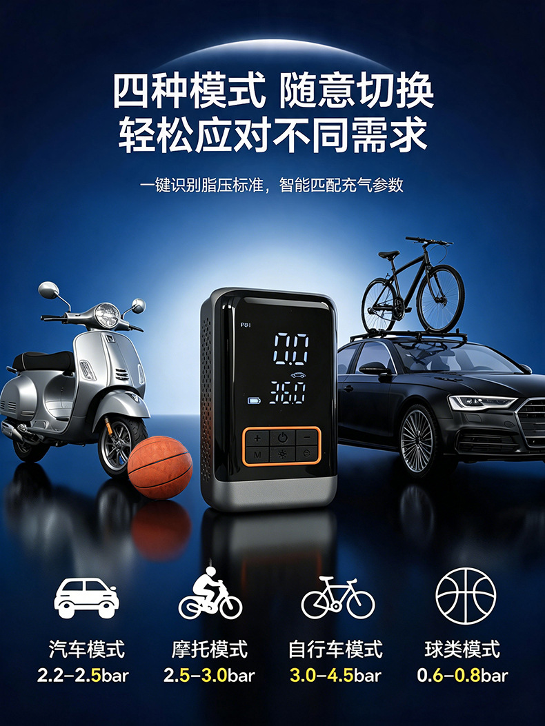 Portable high-pressure quick-charging smart wireless air pump for electric bicycle wheels, motorcycles, and car use