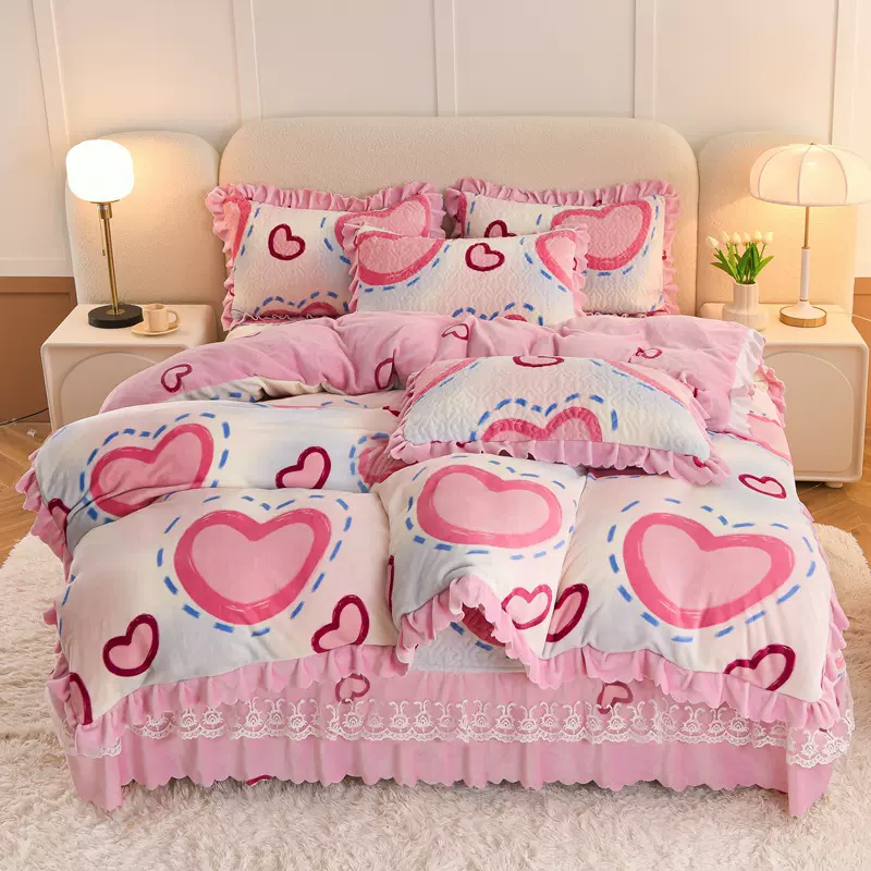 加厚保暖冬季牛奶绒四件套珊瑚双面牛奶被套四件套床上用品床裙款