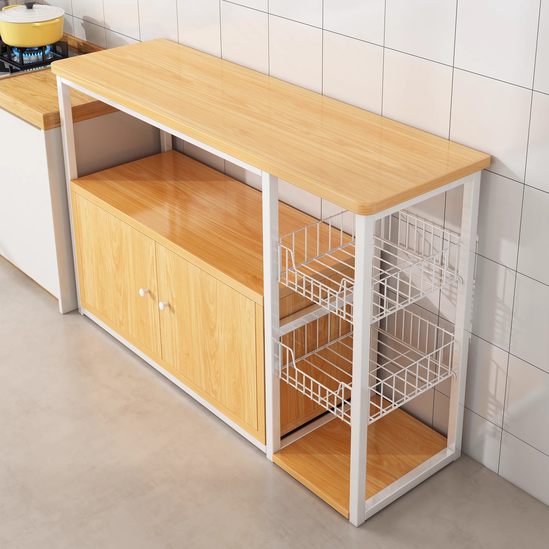 Estante de Piso para Microondas de Tablero de Madera, Multifuncional para Cocina