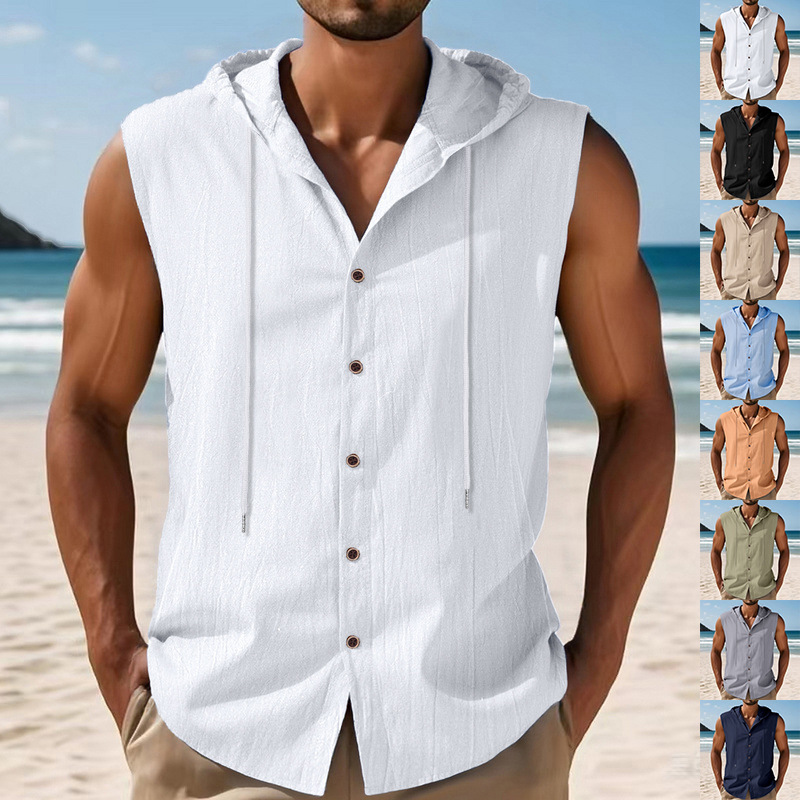 25 Cross-Border Amazon American Summer Men's Loose Casual Linen Hooded Waistcoat Sleeveless Trendyy Hip-Hop Shirt