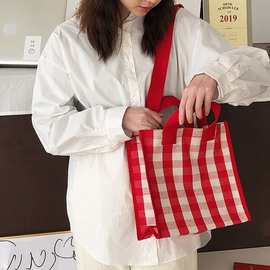 韩版简约格子帆布包手提小方包外出便携收纳包大容量通勤百搭时尚