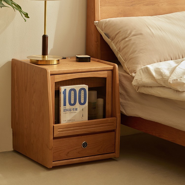 Mesilla de noche inteligente medieval, borde de la cama del dormitorio, armario de almacenamiento de madera maciza extremadamente estrecho, apartamento pequeño multifuncional color madera de cerezo