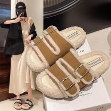 2024秋冬新款韩版厚底一字毛毛拖鞋女外穿室内家居平底加绒棉鞋