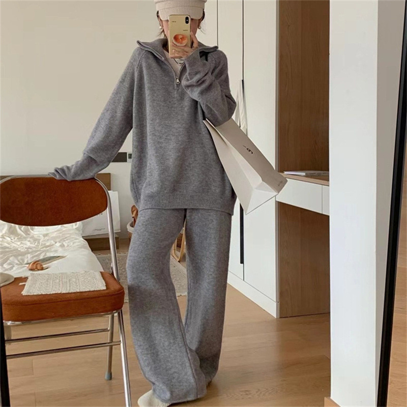 Women’s Korean Style Knit Sweater & Wide Leg Pants Set – Lapel Half-Zip Lounge Suit (One Size, 6 Colors)_voghion.com