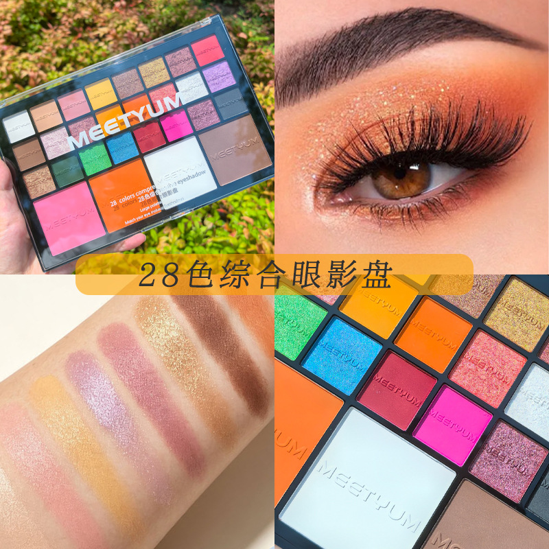 28-color comprehensive eyeshadow palette with matte, pearlescent, and fine shimmer finishes, contouring blush, and highlighter in one set for everyday and stage makeup