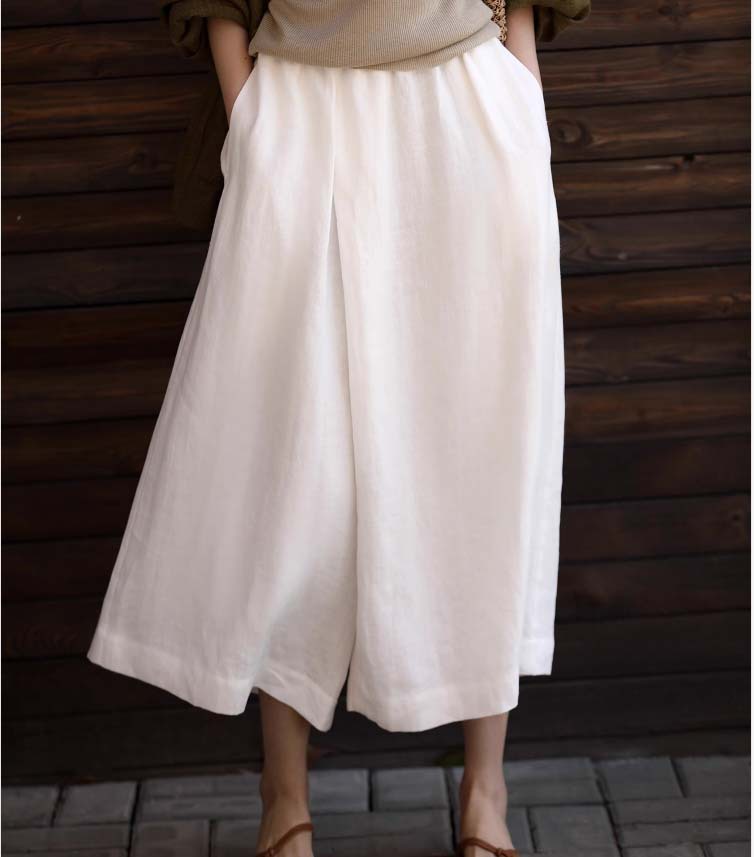 Quần culottes ống rộng vải lanh mỏng mát mùa hè nữ — Trắng sứ trơn, Xanh ngọc bích chi tiết 3