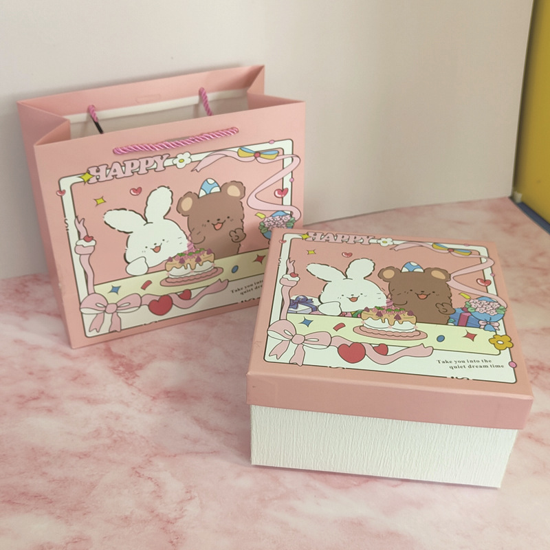 Коробка с крышкой «Небо и земля»; милый мультяшный кролик и медведь розового цвета + подарочный пакет; коробка: 20х10х20см