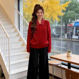 韩系假两件Polo领宽松毛衣秋冬氛围感穿搭慵懒漂亮针织衫上衣外穿