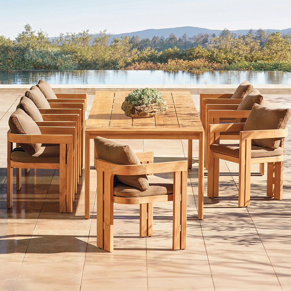 Mesa y silla de teca al aire libre, terraza de jardín al aire libre, muebles impermeables, protección solar, villa, patio, combinación de mesa y silla de madera maciza