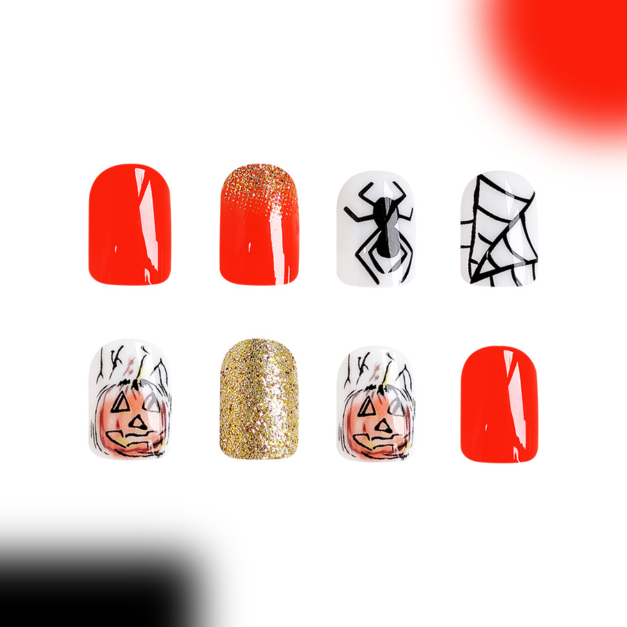 Halloween False Nails Glittering Spider Web Square Press Ons_voghion.com
