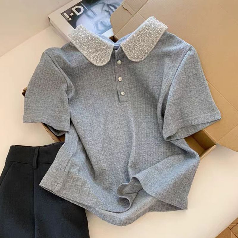 Korean Style Gray Polo Collar Short-Sleeve T-Shirt for Women, Petite Short Straight Shoulder Slimming Elegant Top