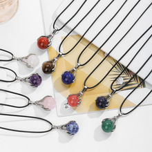 跨境爆款天然水晶吊坠粉水晶小球包边手捧珠项链波西米亚饰品批发