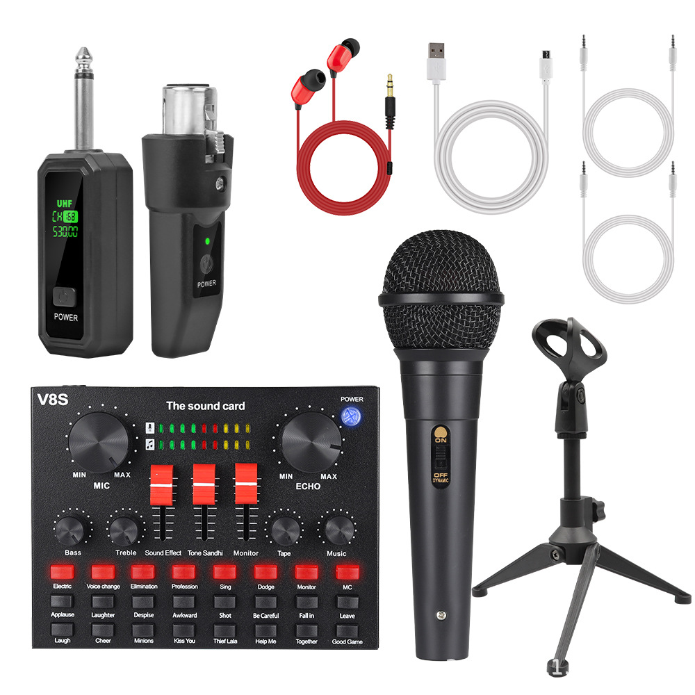 Cross-Border English Wired Microphone to Wireless Microphone Microphone Transmitter and Receiver V8S Sound Card Live Broadcast Set