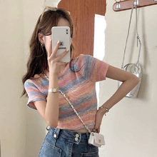 洋气韩版彩虹条纹t恤女短袖针织衫2023夏季新款减龄修身短款上衣
