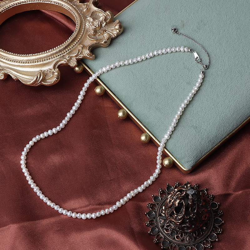 3-4mm土豆圓天然淡水珍珠項鍊鎖骨鏈百搭925通體純銀扣無核