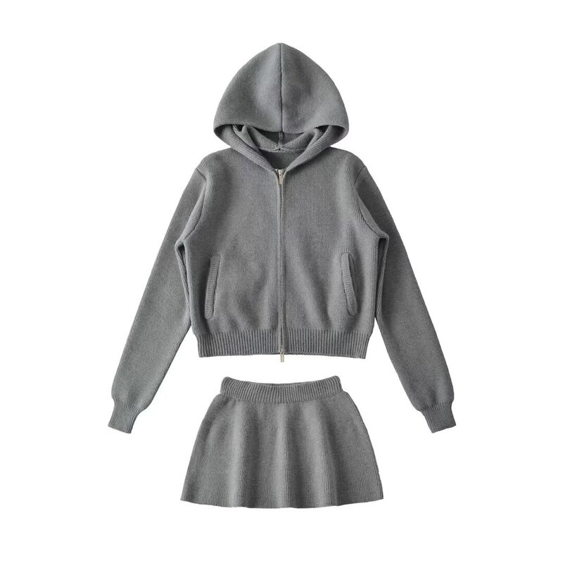 Minimalist Lazy Style Atmosphere Design Sweater Cardigan Hooded Jacket Women's Fluffy Gray Skirt Knitted Two-Piece Set